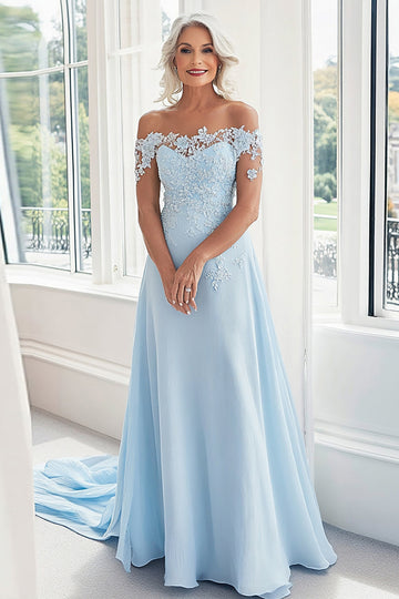 Bleu Ciel Une Ligne Hors Épaule Dentelle Appliques Mère De La Mariée Robe